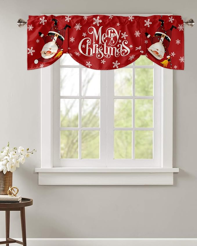 Red Merry Christmas Blackout Tie Up Valance Curtains for Kitchen Windows Funny Hanging Santa Window Toppers Balloon Shades for Living Room/Bathroom/Bedroom,1 Panel, 60" X 18", Snow Winter Holiday