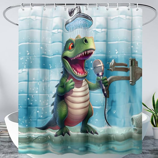 AILONEN Cartoon Dinosaur Shower Curtain for Kids Boys,Funny Singing Dinosaur Waterproof Fabric Shower Curtain for Bathroom,Lovely Green Dinosaur Shower Curtain Set with Hooks,72" W*84" H