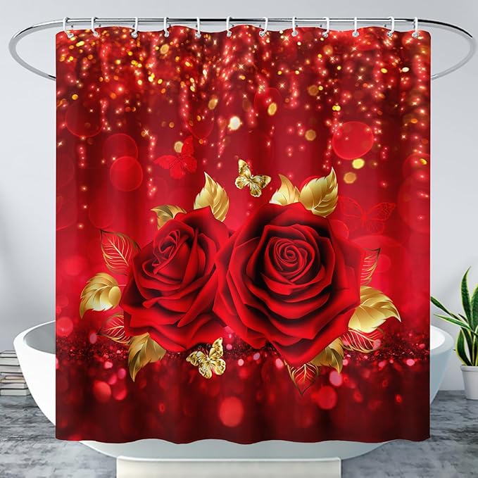 AILONEN Red Rose Shower Curtain for Bathroom,Romantic Rose Flower Waterproof Bath Curtain,Girls Women Curtain Bathroom Decor 72" W x 72" H with 12 Plastic Hooks
