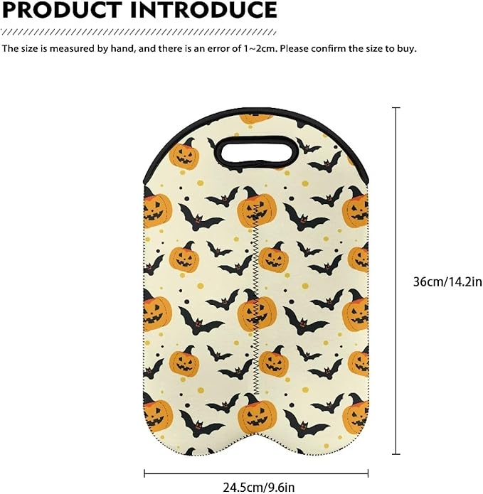 doginthehole 2 Bottle Wine Carrier Tote Halloween Pumpkin Bats Print Wine Bottle Protector Bag Portable Neoprene Wine/Beer/Champagne/Water Bottle Holder for Travel with Handle