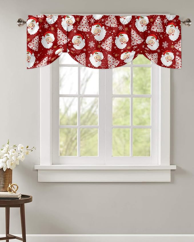 Red Christmas Blackout Tie Up Valance Curtains for Kitchen Windows Santa Claus Merry Christmas Tree Window Toppers Balloon Shades for Living Room/Bathroom/Bedroom,1 Panel, 42" X 18", Winter Snowflake