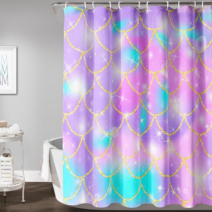 AILONEN Mermaid Scale Shower Curtain,Purple Mermaid Scale Bath Curtain for Girls Bathroom,Polyester Waterproof for Shower with 12 Plastic Hooks 72" W*84" H