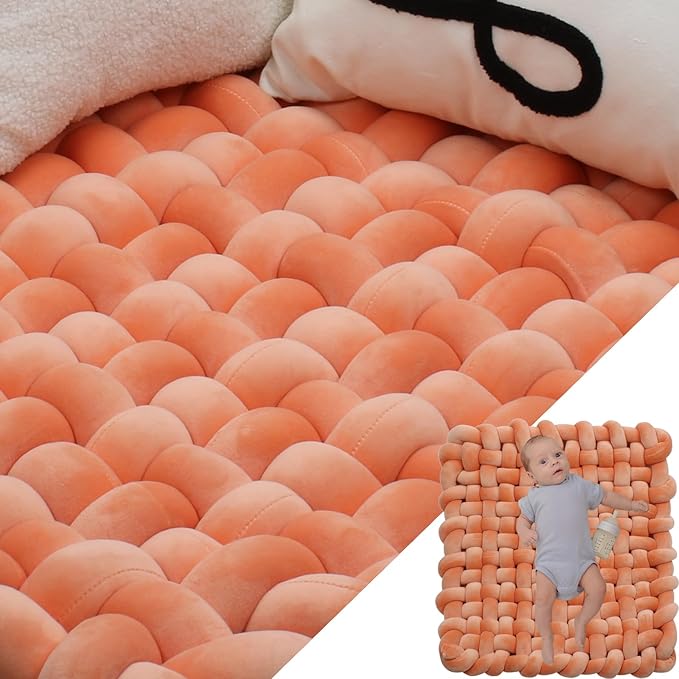 XHJRI Thickened Braided Knot Seat Mat, Knotted Floor Decorative Cushion, Handmade Baby Infant Playing Pad Nursery Rug (27.5 * 31.5 Inch,Carrot)