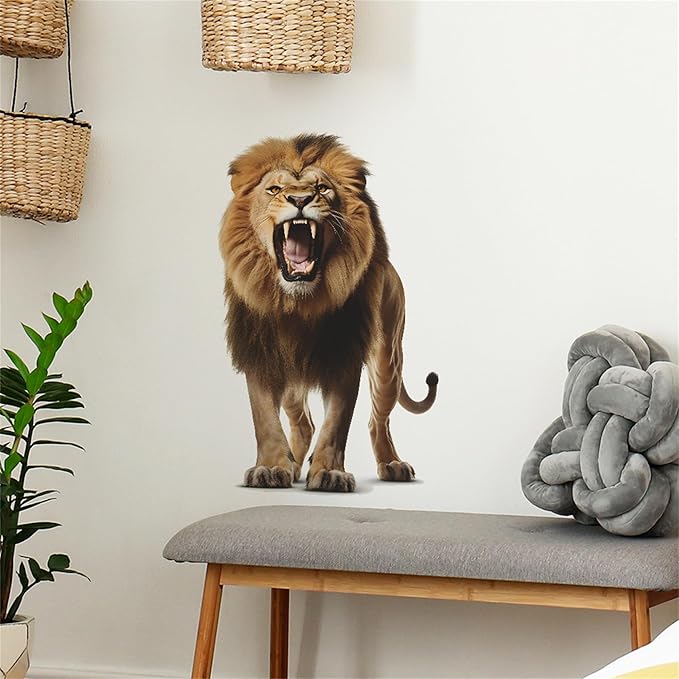 Lion Wall Decals, Vinyl Removable 3D Stickers for Bedroom Nursery Decor - Peel and Stick Cute Baby Girl Boy Toddler Kids Room Art Decoration, Woodland Forest Safari Jungle Mural Waterproof