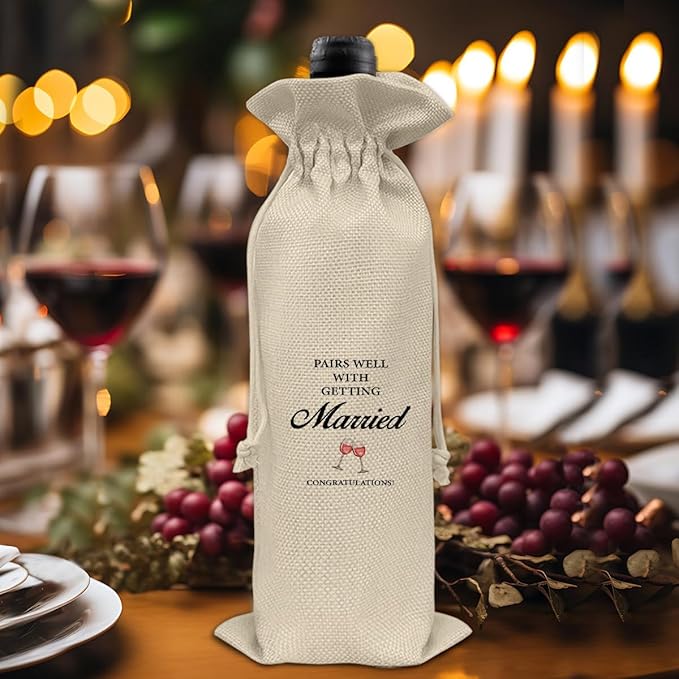 HOIJAUMAI Wedding Gift Wine Bag, Wedding Gift for Mr and Mrs, Engagement Gifts for Couples, Pairs Well with Getting Marriage Burlap Drawstring Wine Bag