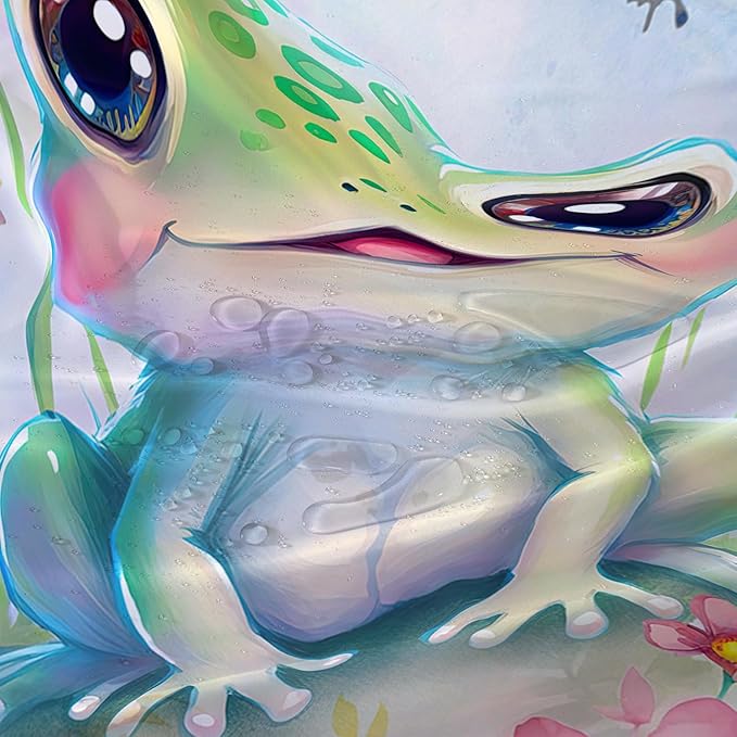 AILONEN Cartoon Frog Shower Curtain,Kawaii Frog Waterproof Fabric Bath Curtain for Kids Girls,Watercolor Blue Flower with Butterfly Shower Curtain Set for Bathroom with Hooks,60" W*72" H