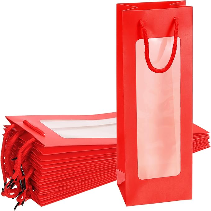 uxcell Wine Bags, 12pcs 4.92"x3.35"x14.2" Wine Gift Bags with Rope Handles, Paper Wine Tote Bag with Clear Window for Wedding Birthday Christmas Party Supplies, Red