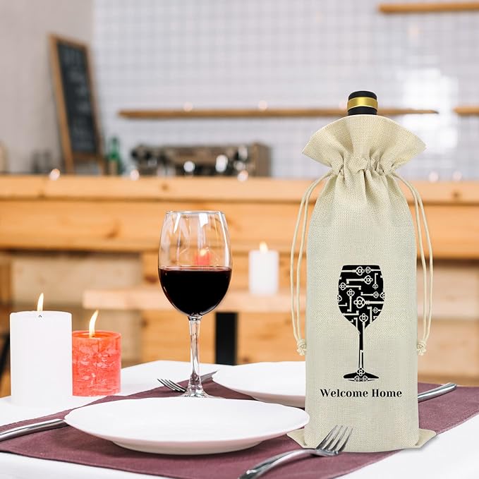 Housewarming Gifts for New House Wine Bag New Home Owners Gift House Warming Gifts Gift for Newlywed Couple Women Friends New Homeowner New Home Gift for Home Drawstring Burlap Wine Bottle Bag