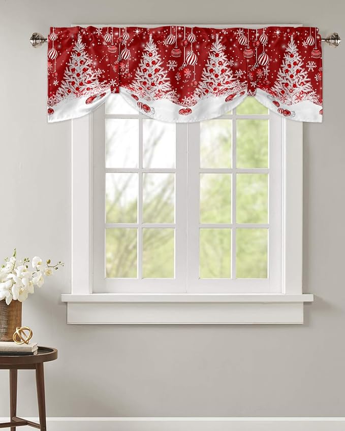 Red Christmas Blackout Tie Up Valance Curtains for Kitchen Windows White Xmas Tree Snowflakes Red Balls Window Toppers Balloon Shades for Living Room/Bathroom/Bedroom,1 Panel, 60" X 18", Winter