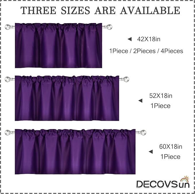 Purple Valance for Windows 60x18 Inch Solid Thermal Insulated Blackout Rod Pocket Kitchen Short Curtain Toppers Valance for Bathroom Living Room 1 Panel