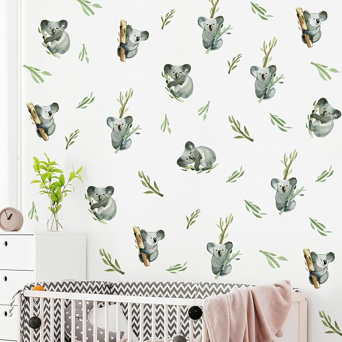 5 Sheets Cartoon Animal Wall Decal Removable DIY Koala Wall Decal Peel and Stick Branch and Leaves Wall Stickers Wall Art for Baby Nursery Bedroom Living Room Playroom Decor