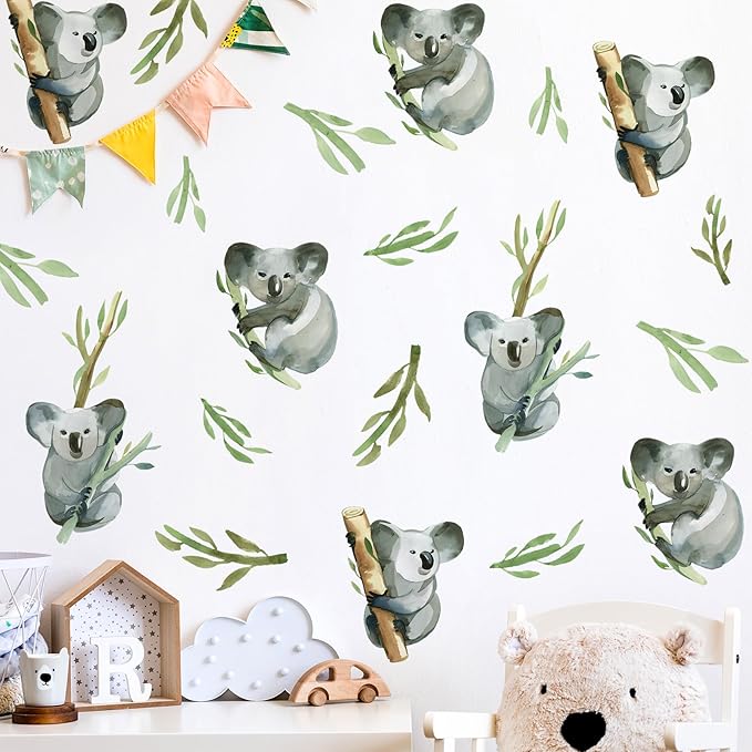 5 Sheets Cartoon Animal Wall Decal Removable DIY Koala Wall Decal Peel and Stick Branch and Leaves Wall Stickers Wall Art for Baby Nursery Bedroom Living Room Playroom Decor