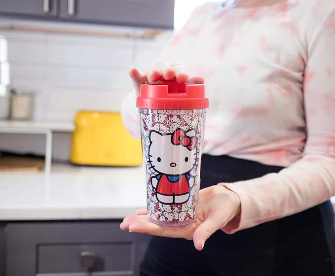 Silver Buffalo Sanrio Hello Kitty Pattern Double Wall Travel Tumbler w/Slide Close Lid, 20 Ounces, 16oz Allover Faces, 1 Count (Pack of 1)