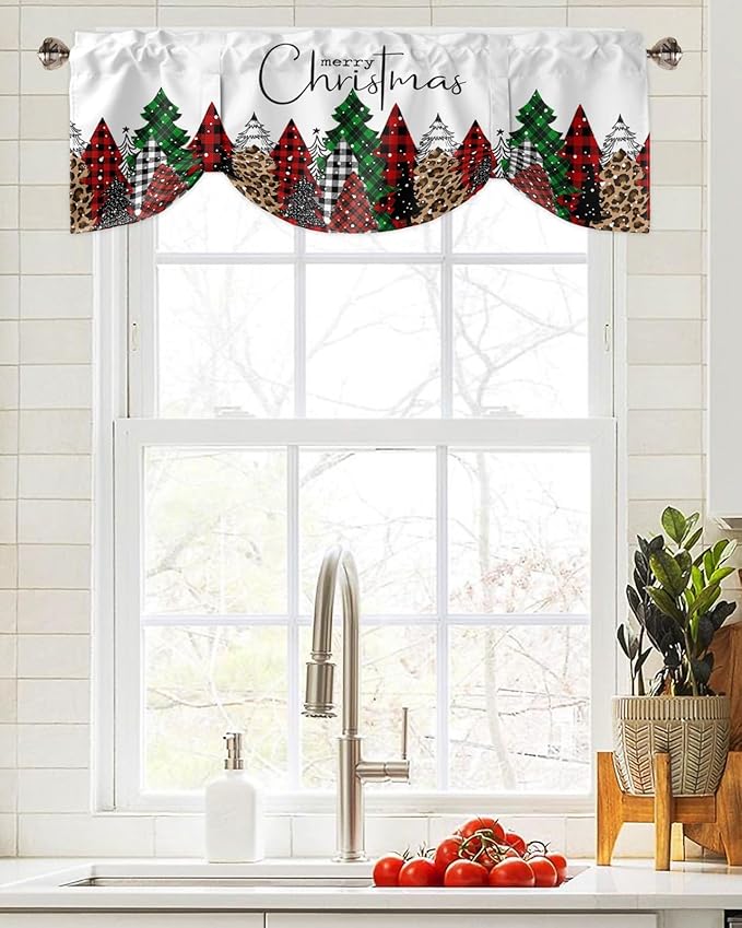 Merry Christmas Blackout Tie Up Valance Curtains for Kitchen Windows Buffalo Plaid Xmas Tree Winter Forest Farmhouse Window Toppers Balloon Shades for Living Room/Bath/Bedroom, 54" X 18", Red Green