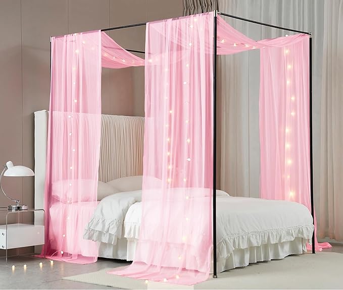Akiky Canopy Curtains for Girls with LED Light King California King Bed Curtains Frame Bed,Valance Scarves Great for Bed,Windows,Wedding Parties(King,Pink)
