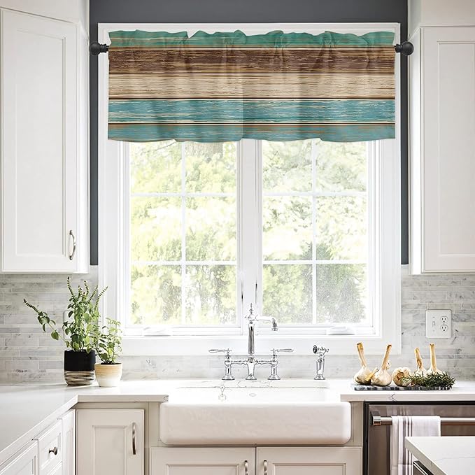 Rustic Farmhouse Valances Curtains for Kitchen Windows, Retro Wood Rod Pocket Curtain Toppers Teal Green Brown Country Short Curtains Treatments for Bedroom/Living Room/Bathroom,54" X 18"-1 Panel