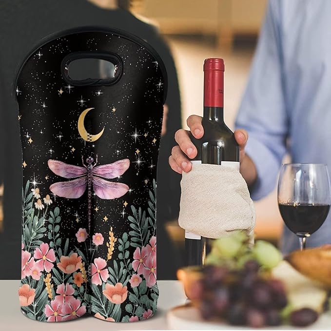 doginthehole Dragonfly Wine Carrier Tote Bag 2 Bottle Insulated Neoprene Wine/Water Bottle Holder Moon Print Wine Carrier Tote Bag Flower Pattern Champagne Carrying Bag Gift for Women Wine Love