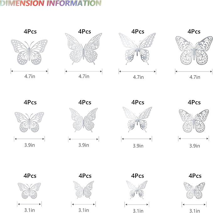 SAOROPEB 3D Butterfly Wall Decor, 48 Pcs 4 Styles 3 Sizes, Removable Metallic Wall Sticker Room Mural Decals for Kids Bedroom Nursery Classroom Party Decoration Wedding Decor DIY Gift (SLIVER)