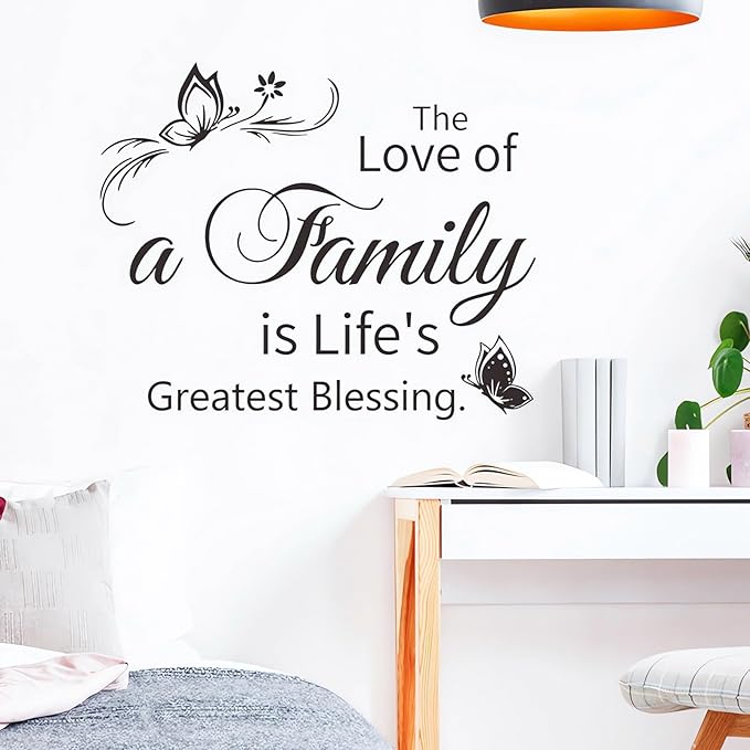 Family Wall Sticker, Inspirational Wall Decor Home Wall Decoration Warm Quotes Stickers Waterproof Removable Butterfly Sticker Letter Word Decal for Bedroom Dining Room Kitchen Wall Art Decor(Black)