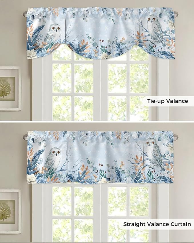 Blue Christmas Blackout Tie Up Valance Curtains for Kitchen Windows Winter Snowy Owl Poinsettia Eucalyptus Leaves Window Toppers Balloon Shades for Living Room/Bathroom/Bedroom,1 Panel, 60" X 18",