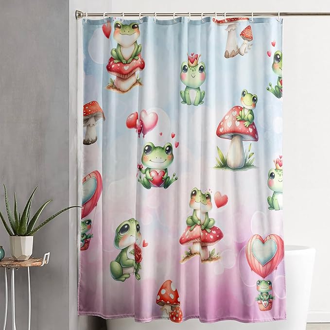 AILONEN Cartoon Frog Shower Curtain,Green Frog with Red Mushroom Roses Bathroom Curtain for Kids Boys Girls,Kawaii Amphibian Animal Waterproof Fabric Shower Curtains for Bathroom,72" W*72" H