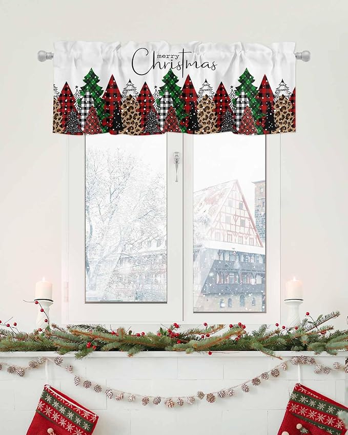 Merry Christmas Valance Curtains for Kitchen Windows Buffalo Plaid Xmas Tree Winter Forest Farmhouse Rod Pocket Window Treatment Toppers for Kitchen/Living Room/Bedroom/Bathroom, 60" X 18",Red Green