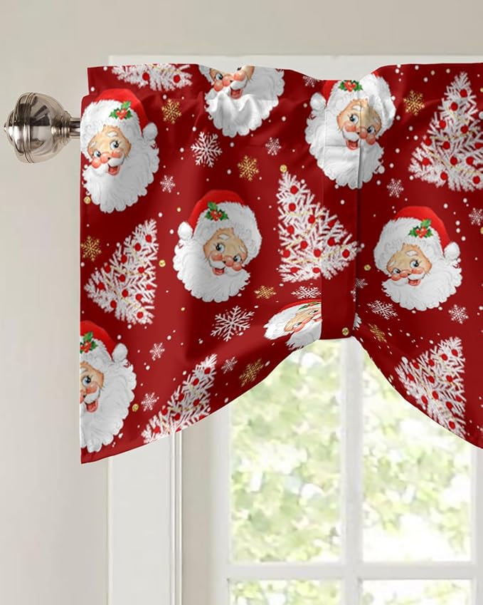 Red Christmas Blackout Tie Up Valance Curtains for Kitchen Windows Santa Claus Merry Christmas Tree Window Toppers Balloon Shades for Living Room/Bathroom/Bedroom,1 Panel, 54" X 18", Winter Snowflake