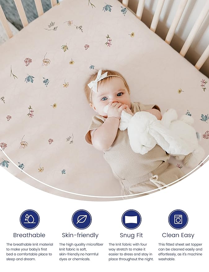 TotAha Premium Stretchy Crib Sheets (2-Pack)-Hypoallergenic, Silky Comfort, Buttery Soft, Calming Effect, All-Season Jersey-Knit Sheets, 28 X 52 X 9'' (Blue Flower & Small Floral)