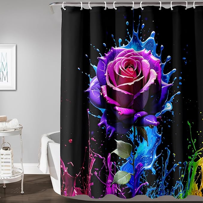 AILONEN Purple Rose Flower Shower Curtain for Bathroom,Splash-Ink Rose Bath Curtain for Kids Girls Women,Romantic Minimalism Curtain Waterproof with 12 Plastic Hooks, 60" W*72" H