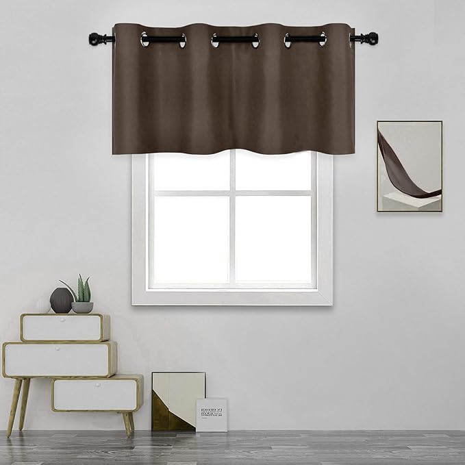 Solid Grommet Top Brown Valance for Kitchen Windows Blackout Curtain Valance for Living Room Short Straight Drape Valance for Bedroom Kids Room/Cafe/Loft 52X18 1 Panel Coffee Brown