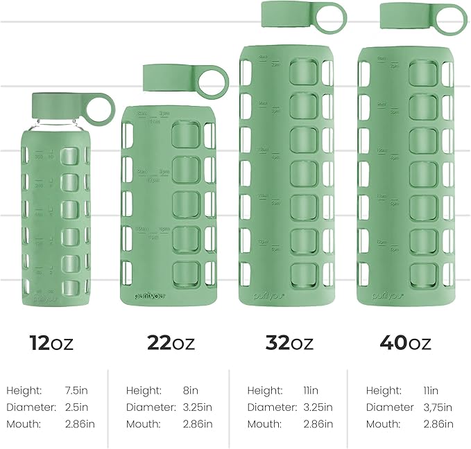 purifyou Premium 40/32 / 22/12 oz Glass Water Bottles with Volume & Times to Drink, Silicone Sleeve & Stainless Steel Lid Insert, Reusable Bottle for Fridge Water, Milk, Juice (22oz Shale Green)