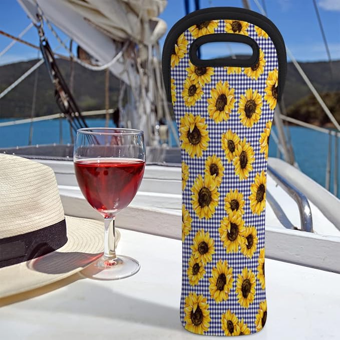 Sunflower Checked Single Bottle Wine Gift Tote Carrier Neoprene Wine Tote Bags Holder Cooler Wine Lover Gift