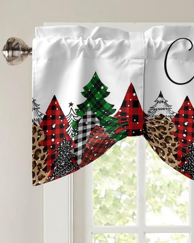 Merry Christmas Blackout Tie Up Valance Curtains for Kitchen Windows Buffalo Plaid Xmas Tree Winter Forest Farmhouse Window Toppers Balloon Shades for Living Room/Bath/Bedroom, 60" X 18", Red Green