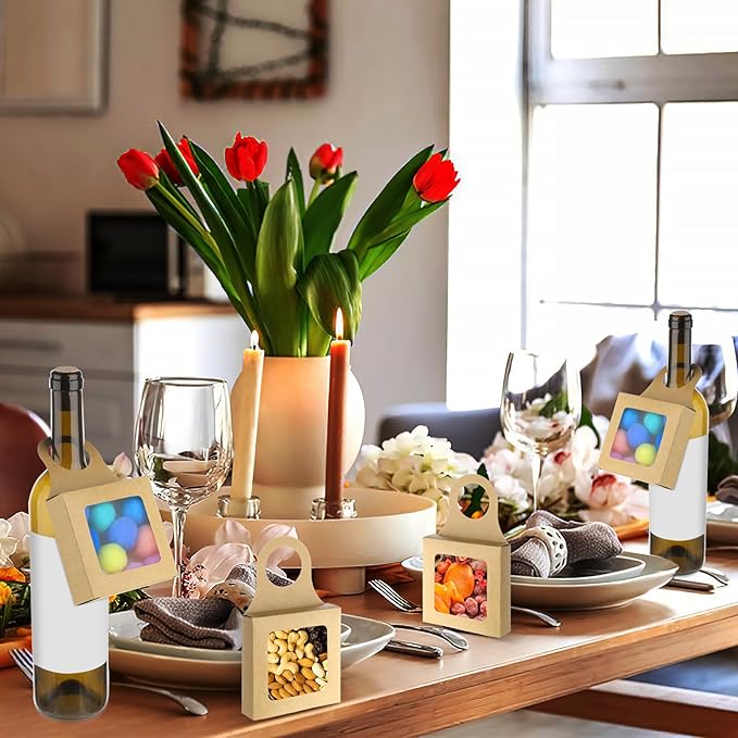 Sibba 10Pcs Kraft Paper Wine Bottle Box with Window Handles Hanging Foldable Gift Wine Boxes Empty Wine Bottles for Decoration Bottle Hanger Favor Box for Kitchen Dining Engagement Christmas