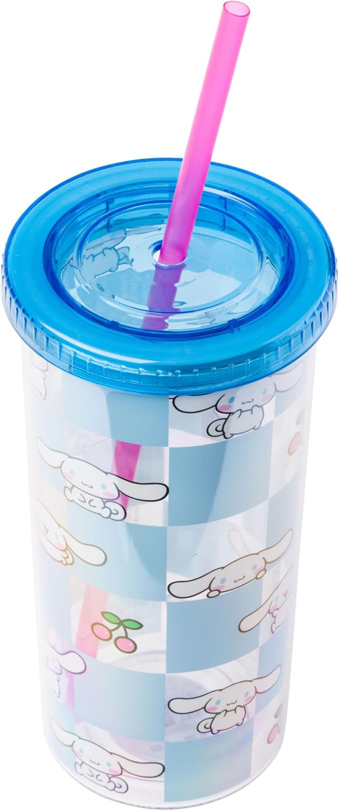 Silver Buffalo Sanrio Hello Kitty and Friends Cinnamoroll Cherry Blue Checkered Plastic Cold Cup with Lid and Straw, 20 Ounces