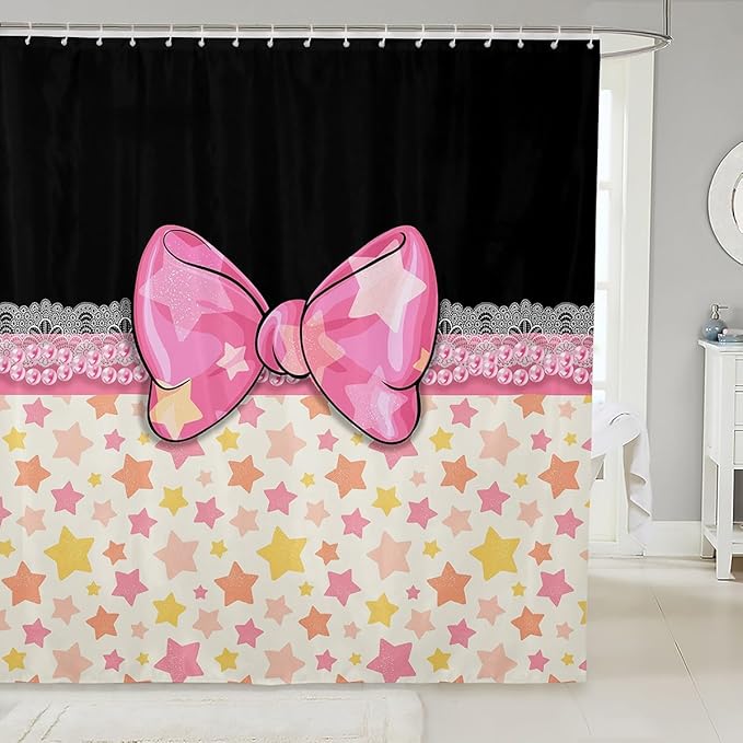 Feelyou Bowknot Shower Curtain 72"x84" Kids Galaxy Starts Print Bathroom Shower Curtain Set for Boys Girls Teens Butterfly Romantic Princess Style Bath Curtain Black Pink Bathroom Accessories