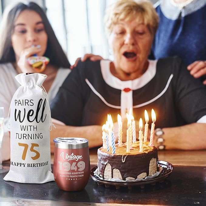 Lifecapido 75th Birthday Gifts for Women, Vintage 1949 Limited Edition Insulated Wine Tumbler with Wine Bag, 75th Birthday Gift Ideas, 75 Year Old Birthday Gifts for Friends Mom Grandma, 12 oz