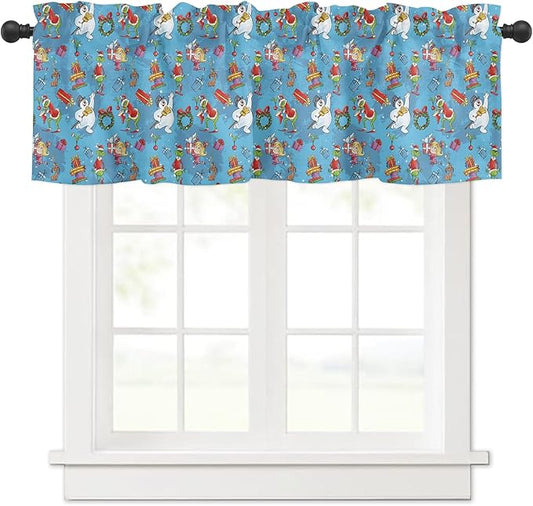 Snowman and Grin-ch Christmas Window Valance for Kitchen Living Room Retro Style Window Curtain for Bedroom Funny Christmas Window Valance Rod Pocket Window Treatment Christmas Decors, 54" W x 18" L