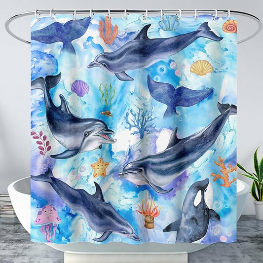AILONEN Cute Cartoon Whale Shower Curtain,Kawaii Marine Animal Whale Bathroom Curtain for Kids Girls Boys,Blue Tie Dye Bath Curtain Set,Seaweed Fabric Shower Curtains for Bathroom, 36" W*72" H