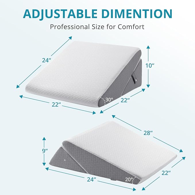 Sasttie Wedge Pillow for Sleep Apnea, 10 Inch Adjustable Bed Wedge Pillow for Back Pain, Acid Reflux, Memory Foam Triangle Pillow Wedge for Sleeping, Post Surgery, Knee Elevate, White & Dark Grey