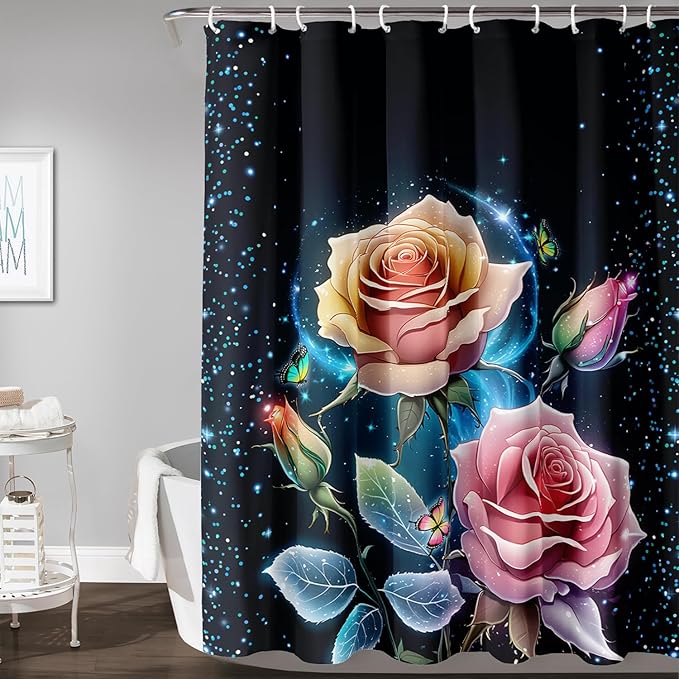 AILONEN Pink Rose Shower Curtain,Galaxy Butterfly Rose Flower Curtain for Kids Girls Women,Modern Romantic Curtain,Print Polyester Waterproof with 12 Plastic Hooks, 72" W*72" H