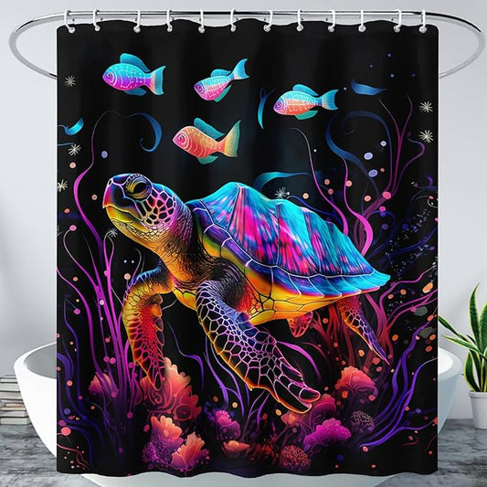 AILONEN Colorful Sea Turtle Shower Curtain for Bathroom,Beautiful Turtle with Fish Bath Curtain for Kids,Boys,Girls,Ocean Animal Theme Waterproof Fabric Shower Curtain Set with Hooks,72" W*84" H