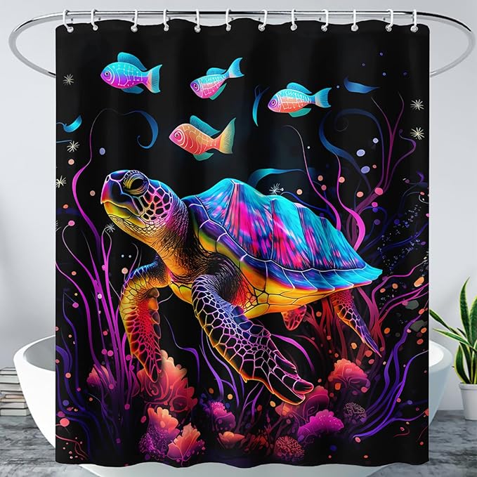 AILONEN Colorful Sea Turtle Shower Curtain for Bathroom,Beautiful Turtle with Fish Bath Curtain for Kids,Boys,Girls,Ocean Animal Theme Waterproof Fabric Shower Curtain Set with Hooks,72" W*96" H