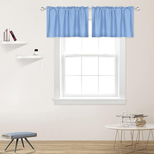 Sky Blue Valance 2 Panels for Windows 42x18 Inch Thermal Insulated Blackout Rod Pocket Kitchen Short Curtain Toppers Valance for Bathroom Living Room, Light Baby Blue