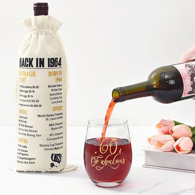 DAZLUTE 60th Birthday Gifts for Women, 60 & Fabulous Wine Glass with 1 Pack Reusable Burlap Wine Bag, 60 Year Old Wine Glass Birthday Gift for Women Mom Friend Sister Wife Aunt Grandma, 17 Oz Gold