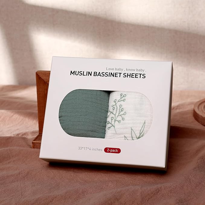 Muslin Bassinet Sheets 2 Pack for Baby Boy and Girl, Breathable Elastic Cozy Fitted Cotton Bassinet Mattress Sheet, Universal Fit for Hourglass Oval and Rectangle Bassinet Mattress (Natural Leaves)