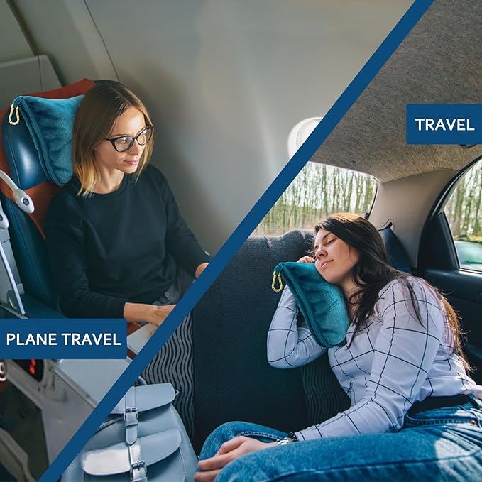 Bnuitland Travel Blanket and Pillow 2 in 1, Soft Flannel Airplane Blanket in Bag Compact-Long Flight Essential for Adults and Kids, Portable Luggage Sleeve and Backpack Clip, 65×40 inch Teal Blue