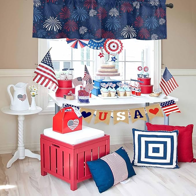 July 4th Kitchen Curtains Valances for Windows Fireworks Celebrate Patriotic Americana Stars Rod Pocket Window Treatment for Kitchen/Living Room/Bedroom/Bathroom, 60" X 18", Red, White and Blue