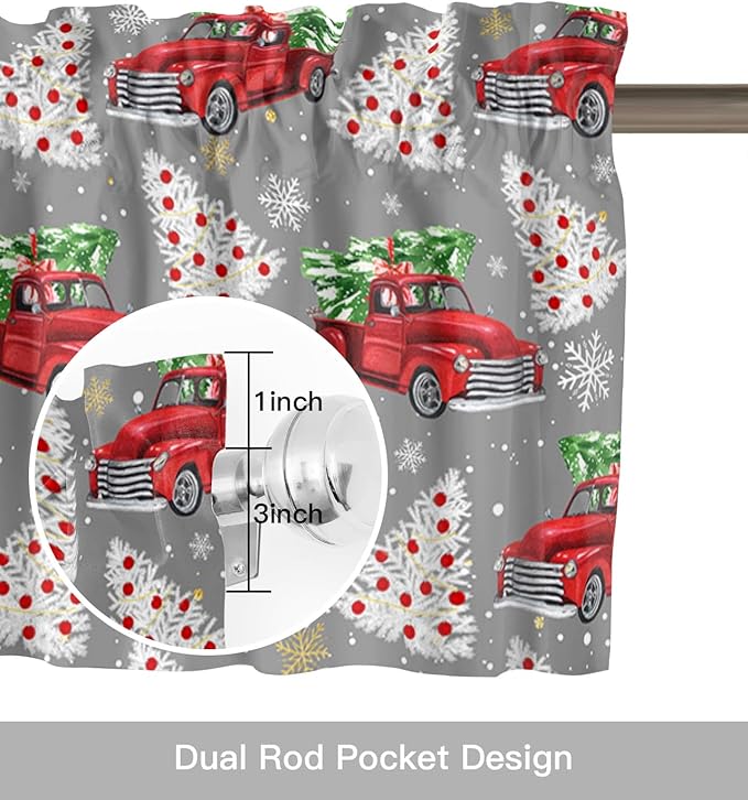 Red Truck Christmas Valance Curtains for Kitchen Windows Merry Christmas Tree Rod Pocket Window Treatment Toppers for Kitchen/Living Room/Bedroom/Bathroom, 54" X 18", Winter Snowflake Grey