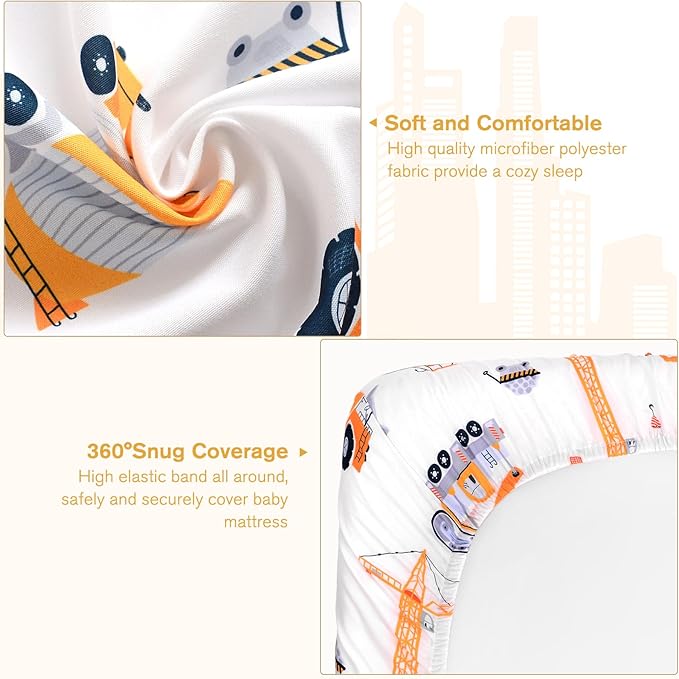 JISEN Baby Crib Sheets Soft Breathable Fitted Crib Sheets Baby Sheet for Standard Crib and Toddler Mattress Baby Bed Sheets for Crib for Baby Boys Girls Neutral 52x28 Inch Construction Trucks